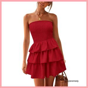 Strapless Tube Mini Dress Smocked Tiered Ruffle A-Line Boho Sundress